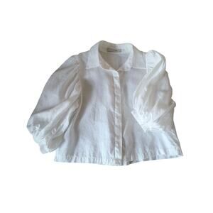 The Femm Sol Linen Puff-Sleeve Blouse Top White Size Small